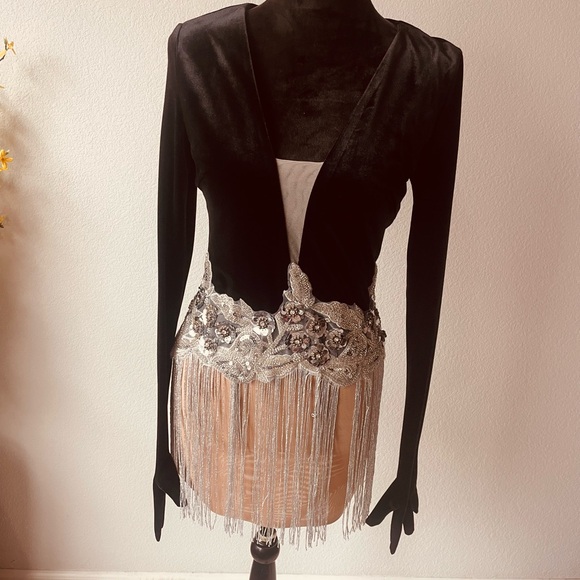 Black and silver Long Sleeve Dress with Fringe - Picture 2 of 8